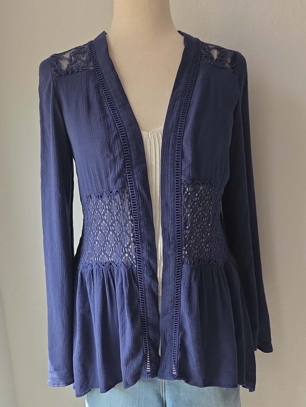 Knox Rose Navy Blue Lace-Panel Open Cardigan Robe Cover Top Shirt Boho Chic